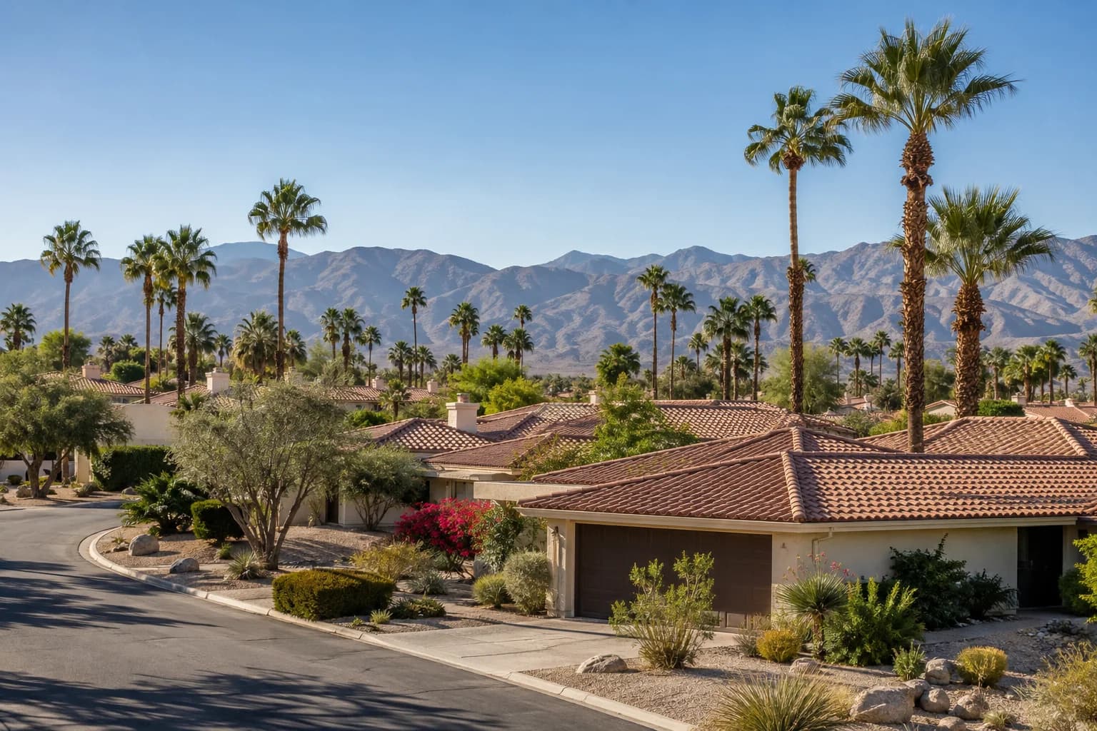 Representative desert neighborhood with palm trees and mountain views