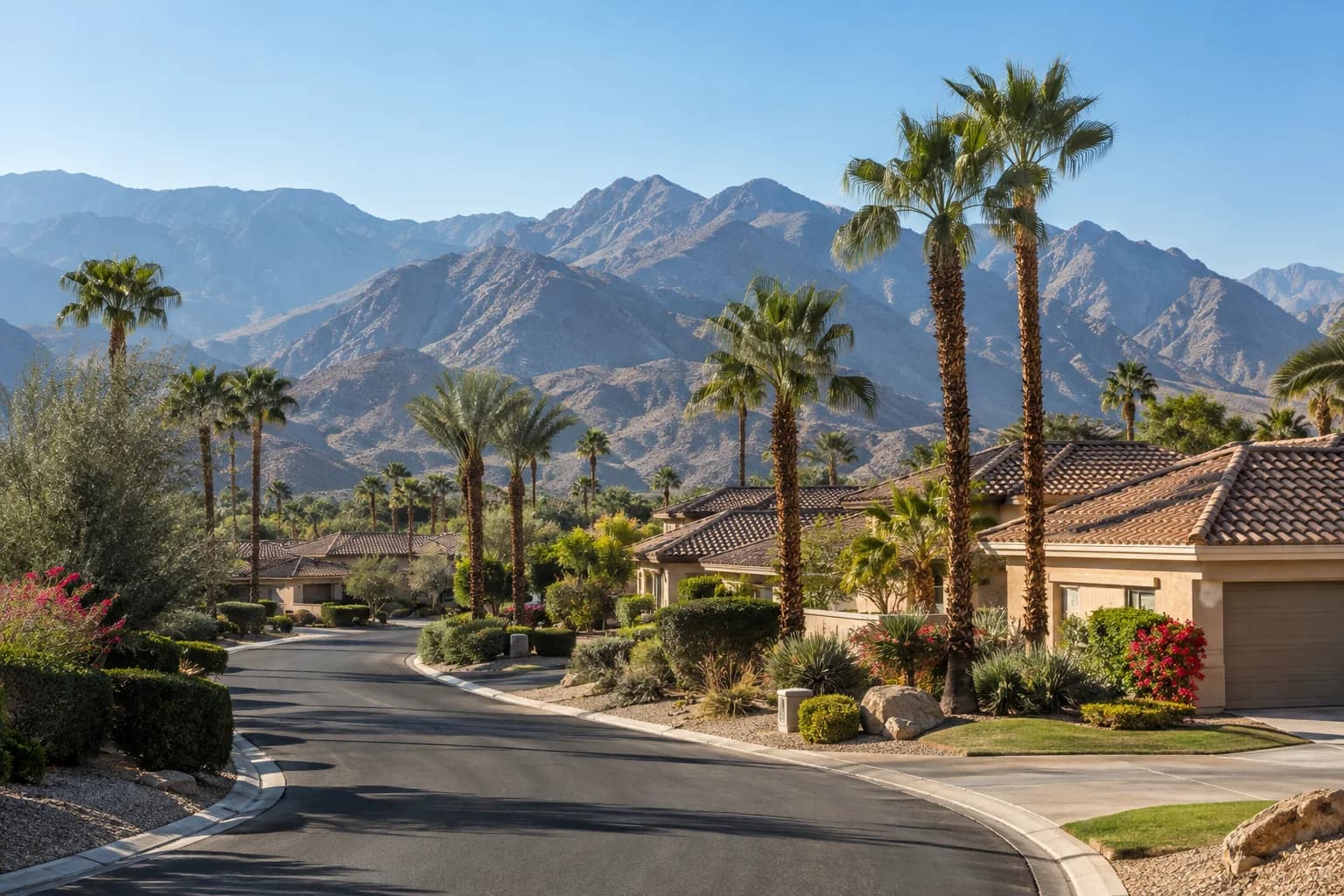 Representative desert neighborhood with palm trees and mountain views