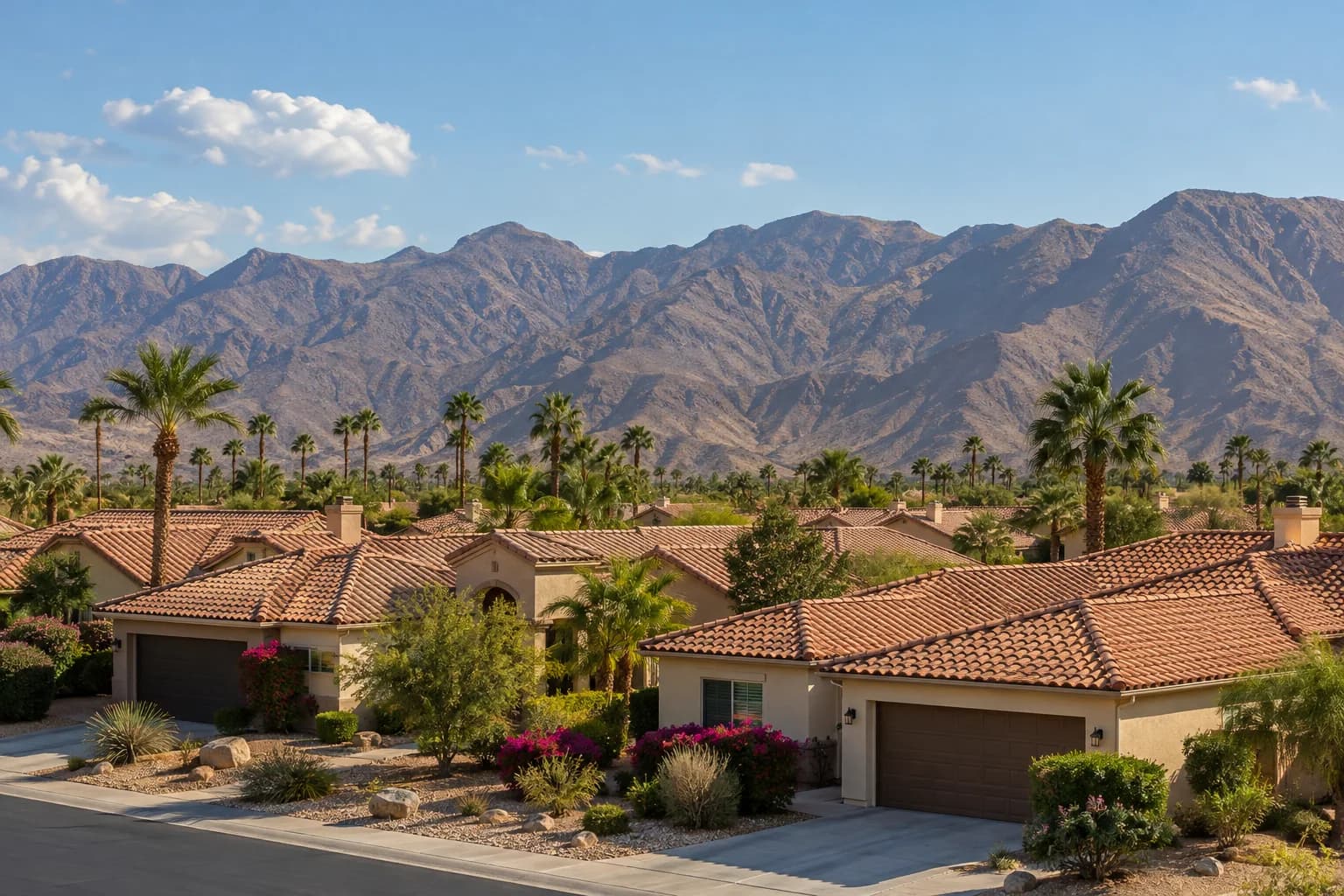 Representative desert neighborhood with palm trees and mountain views