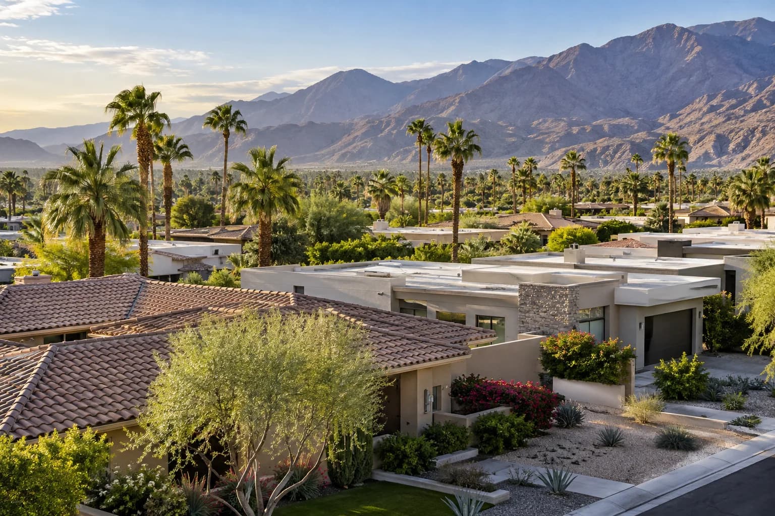 Representative desert neighborhood with palm trees and mountain views
