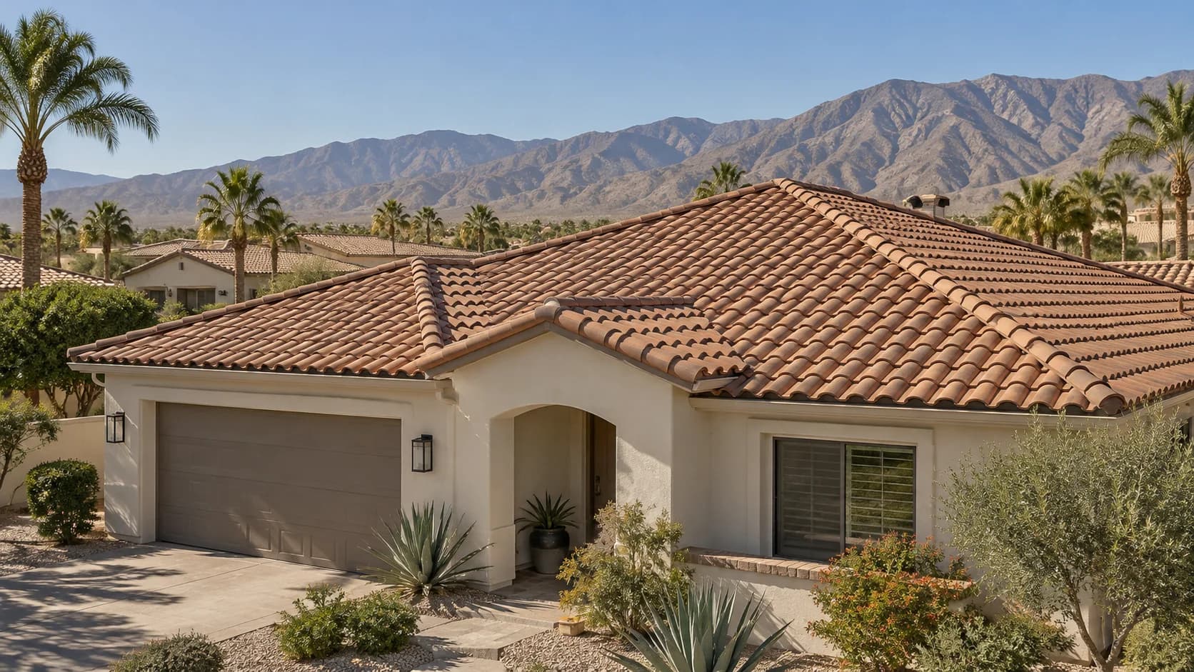 Representative stucco home with a terracotta tile roof and desert mountains