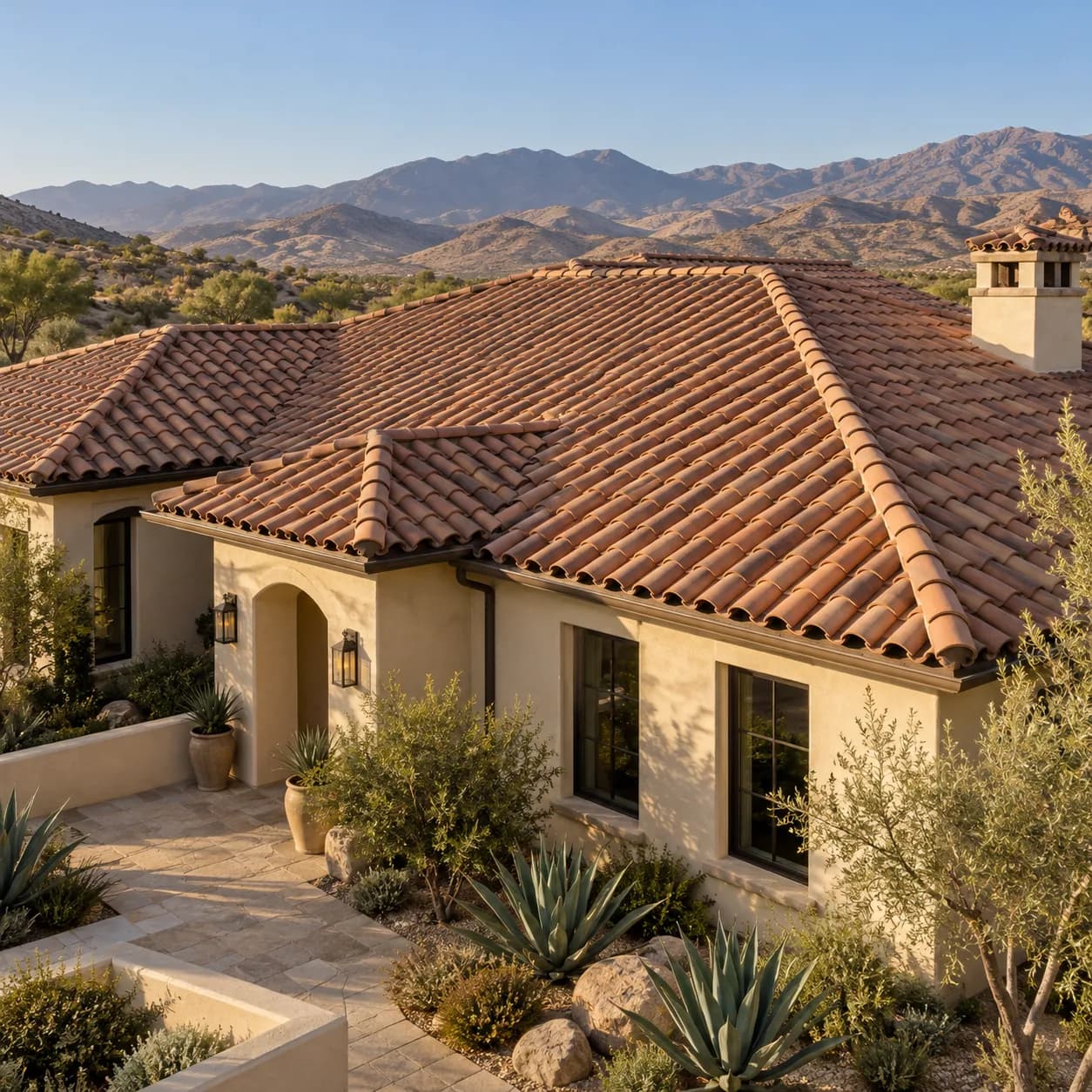 Representative stucco home with terracotta roof tiles and desert foothills
