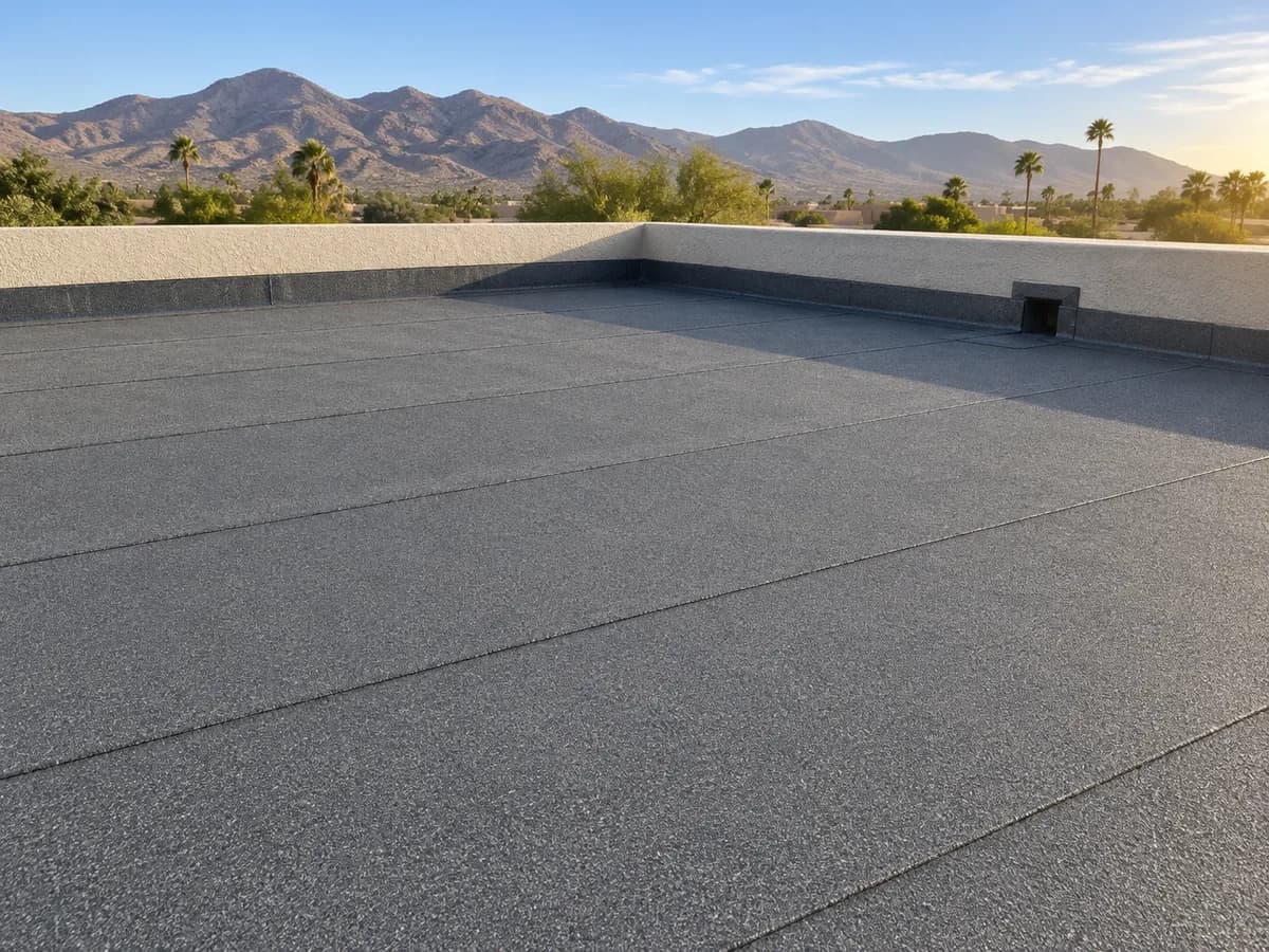 Representative granulated modified-bitumen roof with bonded sheet seams and parapet flashing