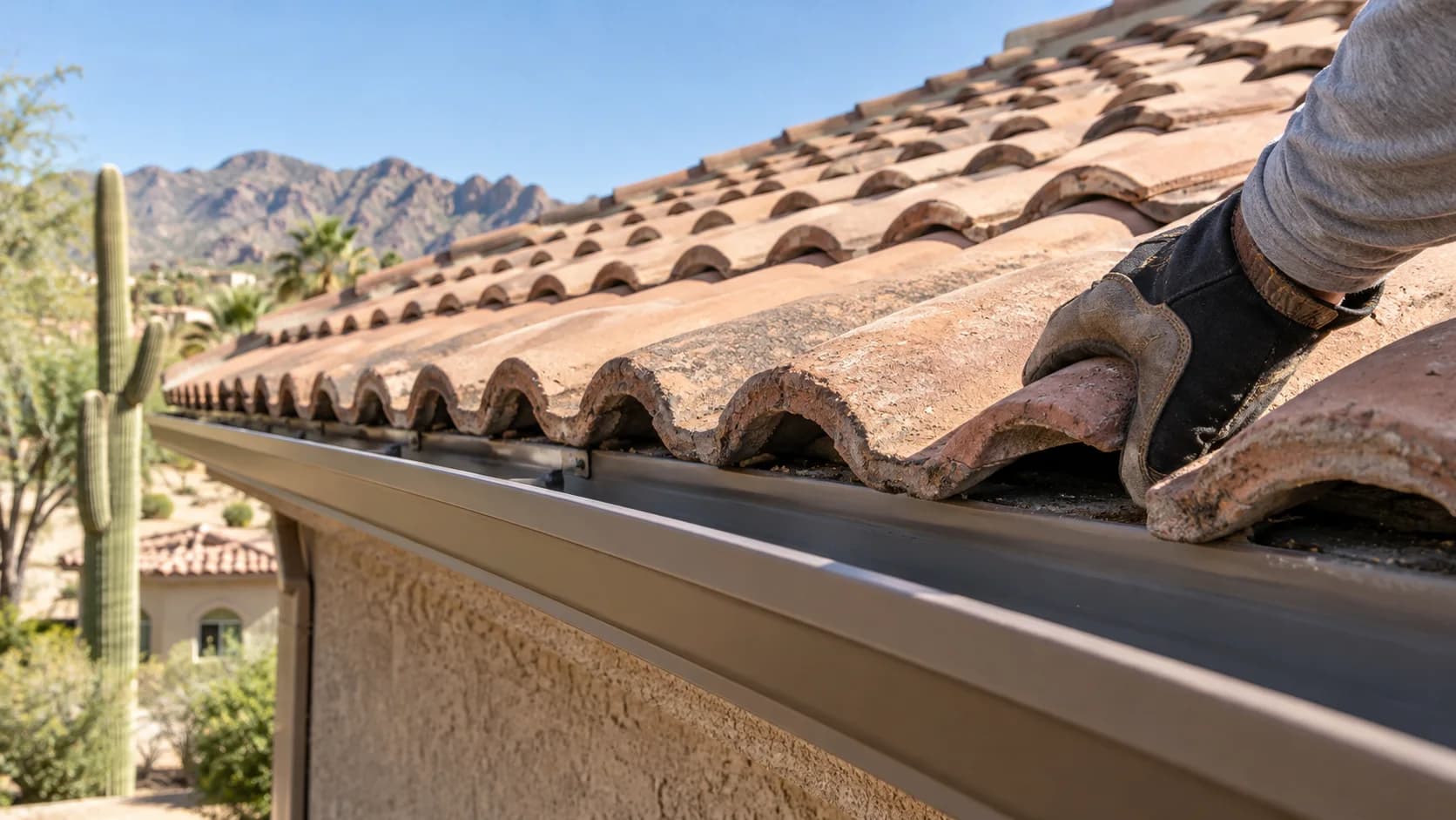 Clay roof tiles and a roof drainage edge being checked