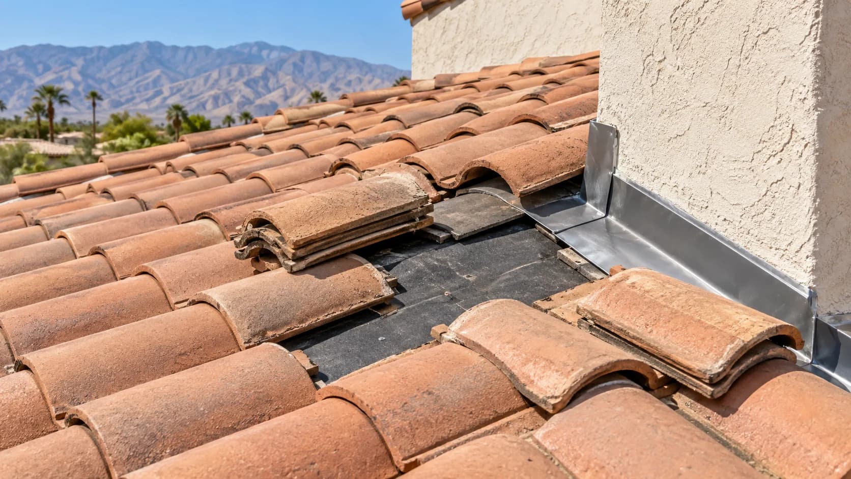 Representative tile repair area with exposed underlayment and flashing