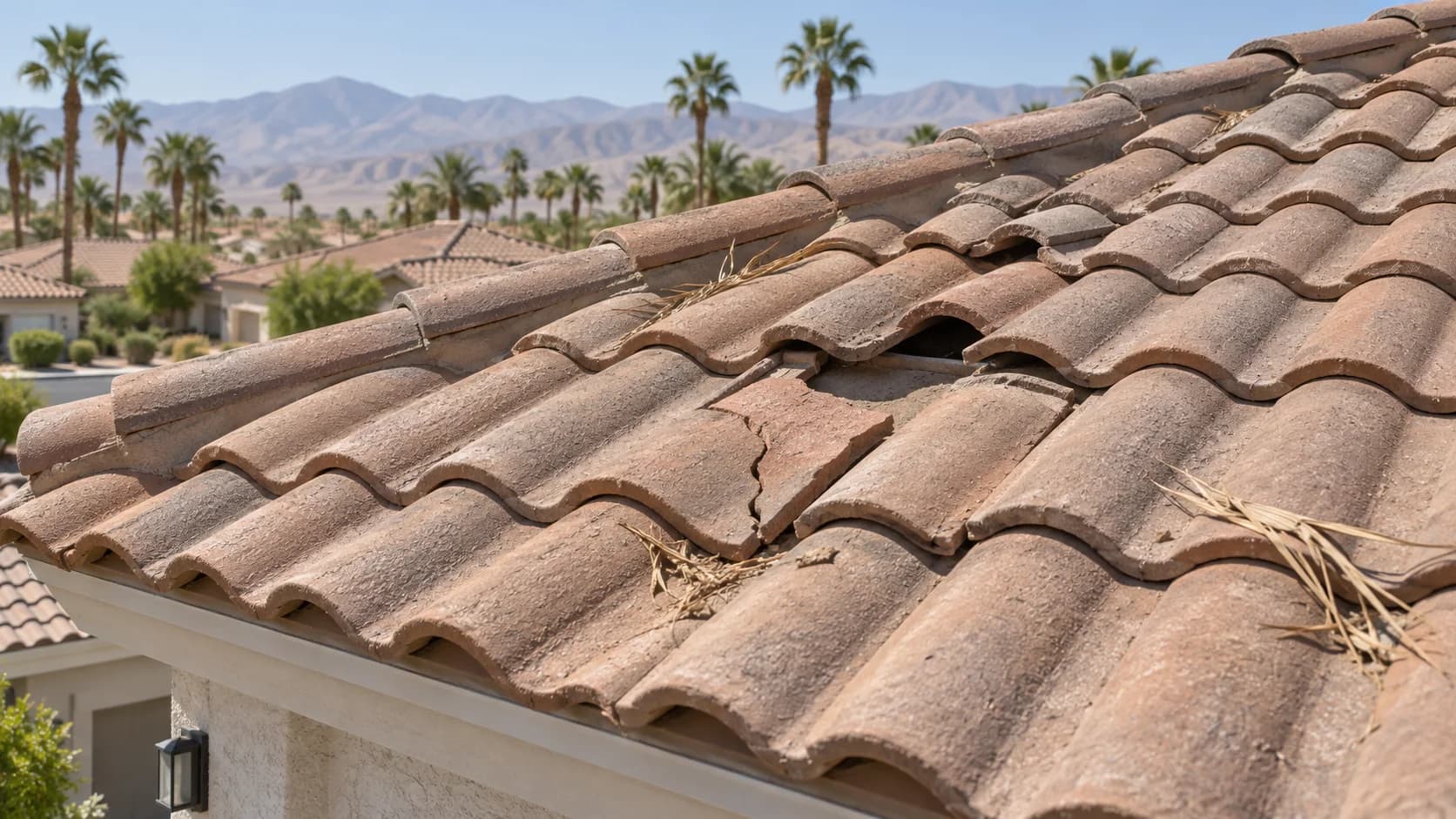Representative cracked roof tiles with dry palm debris
