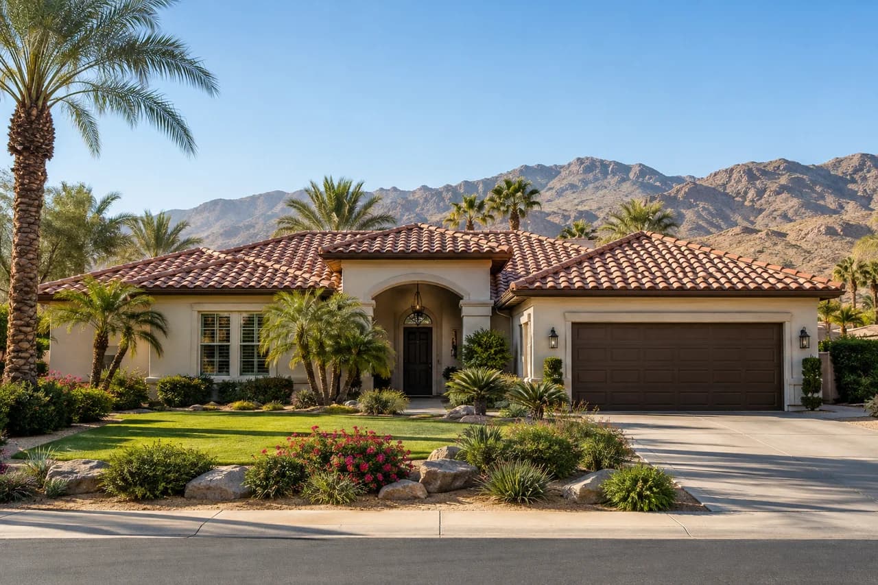 Representative desert home with a finished roof and palm trees.